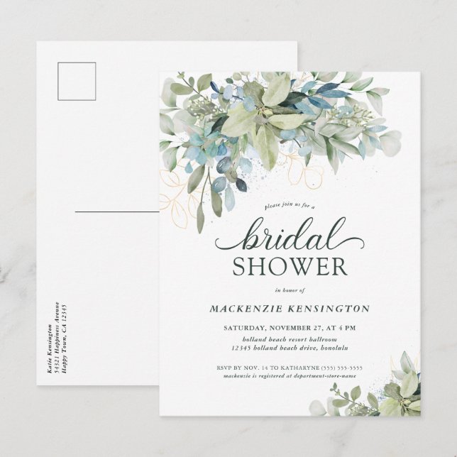 Eucalyptus Green Blue Bridal Shower Invitation (Front/Back)