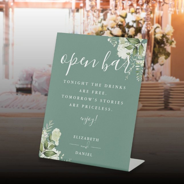 Eucalyptus Green Elegant Greenery Floral Open Bar Pedestal Sign (Eucalyptus Green Elegant Greenery Floral Open Bar Pedestal Sign)