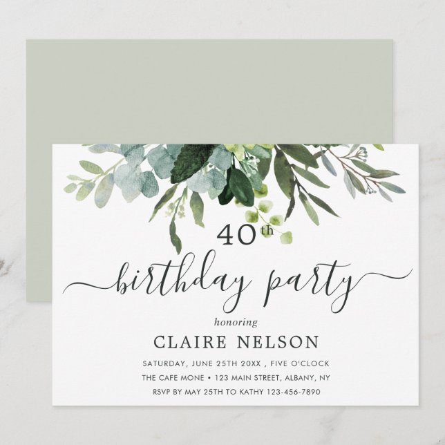Eucalyptus Green Foliage Birthday Party Invitation (Front/Back)