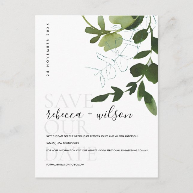 EUCALYPTUS GREEN  FOLIAGE WATERCOLOR SAVE THE DATE ANNOUNCEMENT POSTCARD (Front)