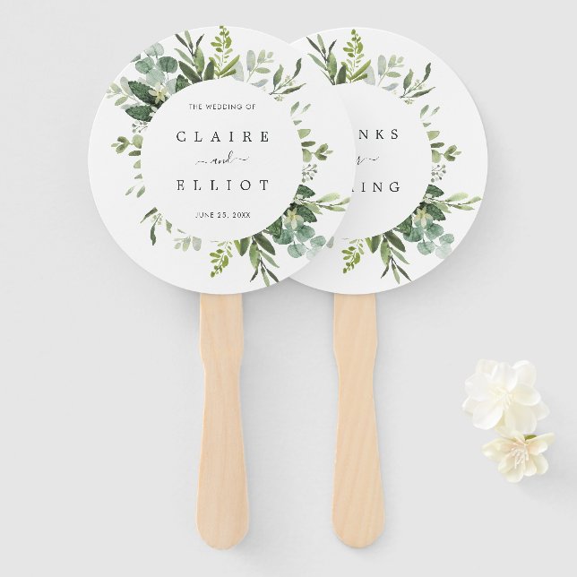 Eucalyptus Green Foliage Wedding Program Hand Fan (Front and Back)