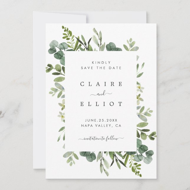 Eucalyptus Green Foliage Wedding Save The Date (Front)
