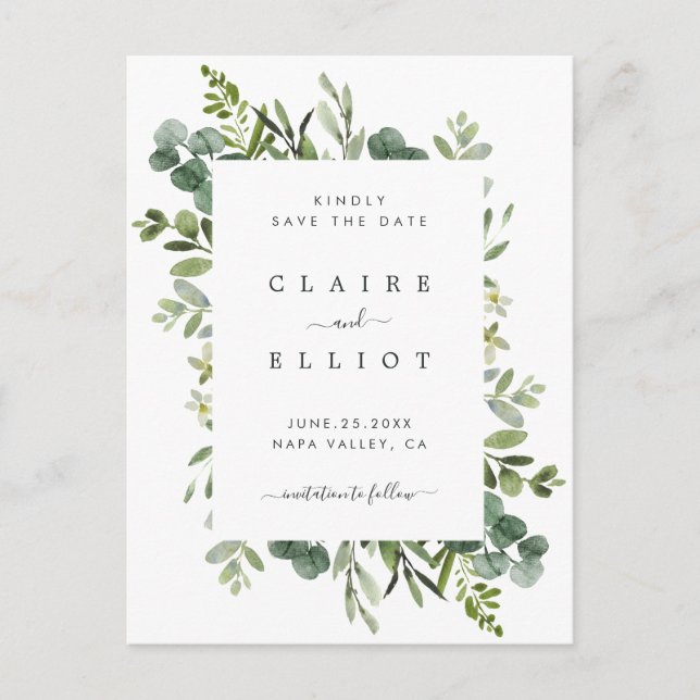 Eucalyptus Green Foliage Wedding Save the Date Announcement Postcard (Front)