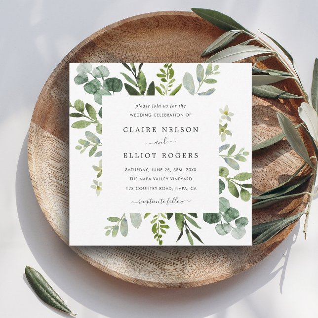 Eucalyptus Green Foliage Wedding Square Invitation (Creator Uploaded)