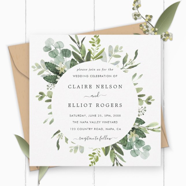 Eucalyptus Green Foliage Wedding Square Invitation (Creator Uploaded)