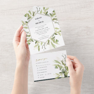 EUCALYPTUS GREEN GOLD FOLIAGE HEXAGONAL WEDDING ALL IN ONE INVITATION