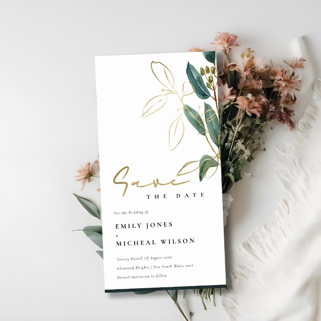 EUCALYPTUS GREEN GOLD FOLIAGE SAVE THE DATE INVITE (Creator Uploaded)