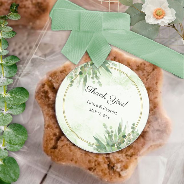 Eucalyptus Green Gold Foliage Thank You Classic Round Sticker (Creator Uploaded)