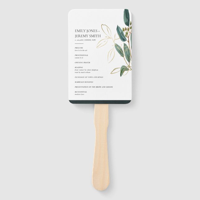 EUCALYPTUS GREEN GOLD FOLIAGE WEDDING PROGRAM HAND FAN (Front)