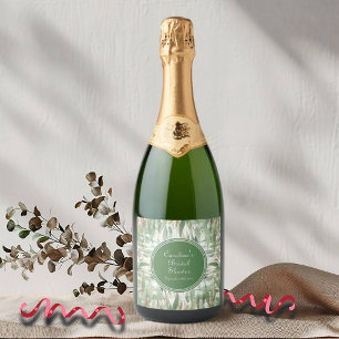 Eucalyptus Green Gold Glitter Leaves Bridal Shower Sparkling Wine Label