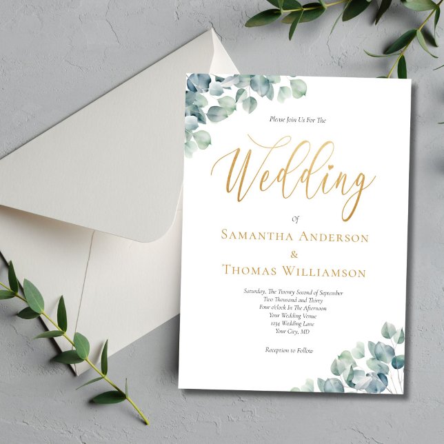 Eucalyptus Green Gold Script Elegant Wedding Invitation (Eucalyptus Greenery Gold Script Formal Elegant Wedding invitation)