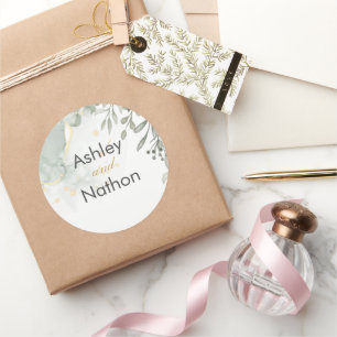 Eucalyptus green & gold watercolour Wedding Classic Round Sticker