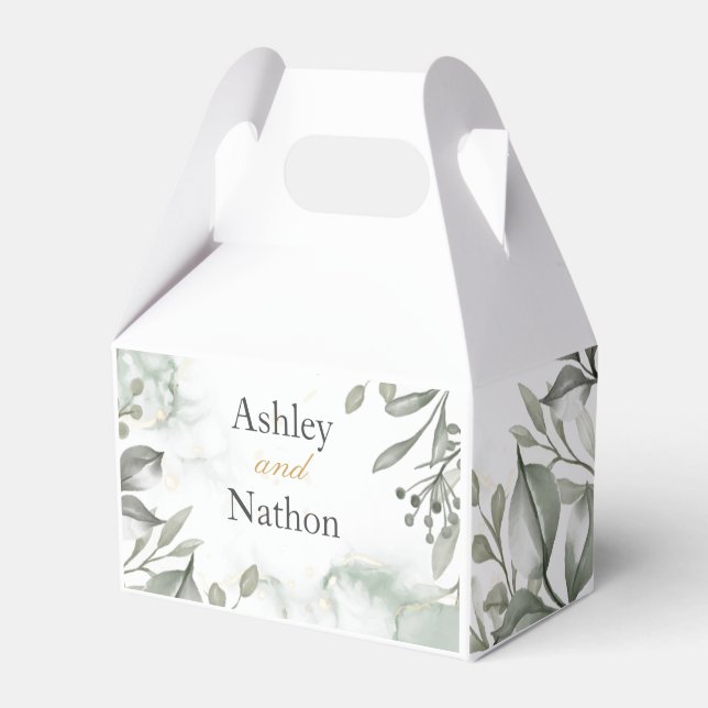 Eucalyptus green & gold watercolour Wedding Favour Box (Front Side)