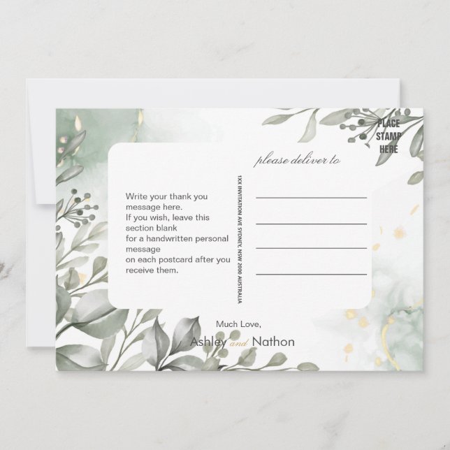 Eucalyptus green & gold watercolour Wedding  Invitation (Front)