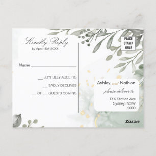 Eucalyptus green & gold watercolour Wedding Postcard