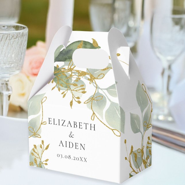 Eucalyptus Green Gold Wedding  Favour Box (Personalized White Greenery Gold Eucalyptus Wedding Box with your names and date.)