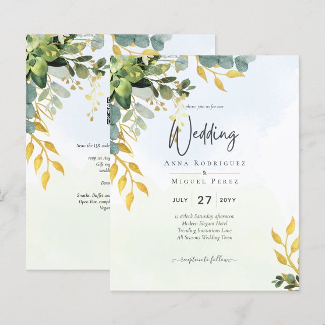 Eucalyptus Green Gold Wedding Invite Greenery  (Front/Back)