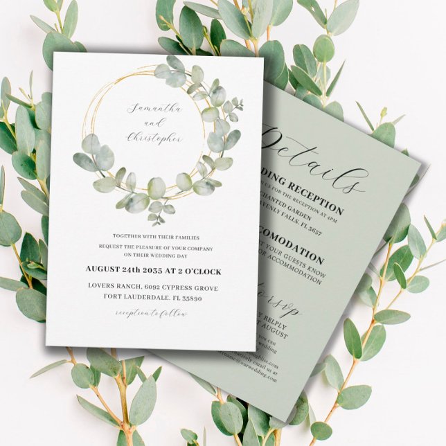 Eucalyptus Green & Gold Wreath All In One Wedding Invitation (Creator Uploaded)