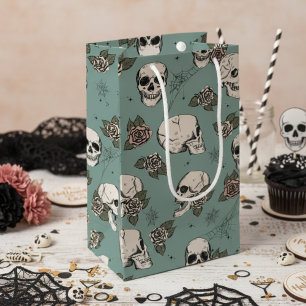 Eucalyptus Green Gothic Skulls and Roses Halloween Small Gift Bag