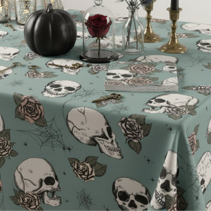 Eucalyptus Green Gothic Skulls and Roses Halloween Tablecloth