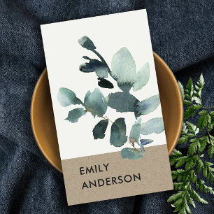 EUCALYPTUS GREEN KRAFT FOLIAGE BRANCH WATERCOLOR BUSINESS CARD