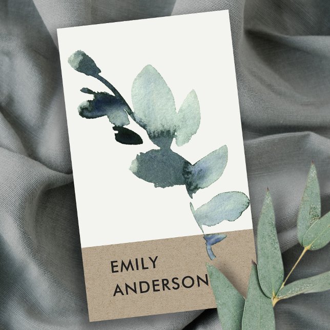 EUCALYPTUS GREEN KRAFT FOLIAGE BRANCH WATERCOLOR BUSINESS CARD (Creator Uploaded)
