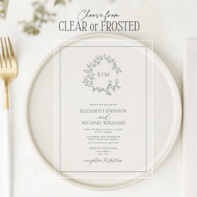 Eucalyptus Green Leafy Crest Monogram Wedding Acrylic Invitations (Creator Uploaded)