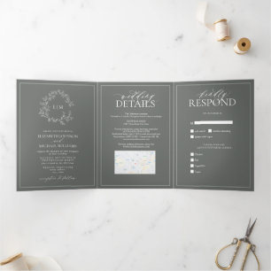 Eucalyptus Green Leafy Crest Monogram Wedding Tri-Fold Invitation