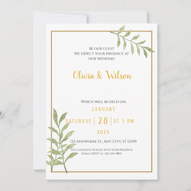 Eucalyptus Green Leaves Minimal Wedding Invitation (Front)