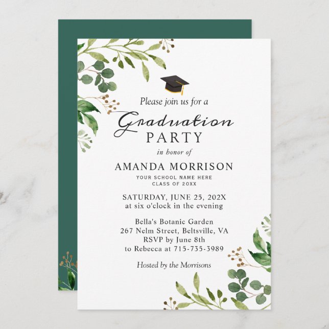 Eucalyptus Green Leaves Nature Graduation Party Invitation (Front/Back)