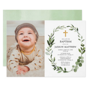 Eucalyptus green leaves simple baptism photo invitation