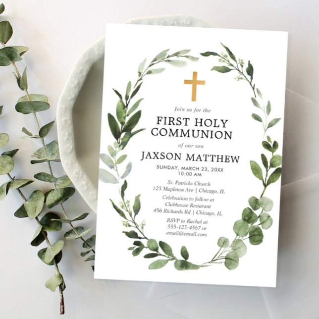 Eucalyptus green leaves simple first communion invitation (Creator Uploaded)