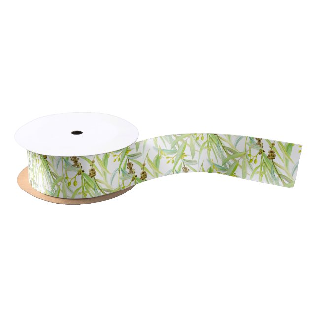 Eucalyptus green leaves watercolor art satin ribbon (Spool)
