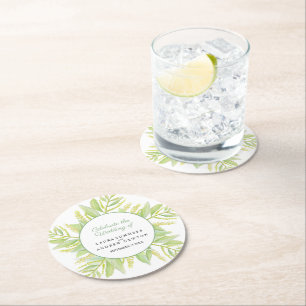 Eucalyptus green leaves watercolor custom wedding round paper coaster