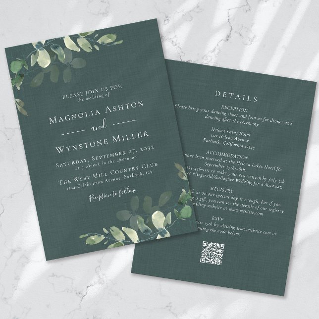 Eucalyptus Green Linen All in One Wedding Invitation (Creator Uploaded)