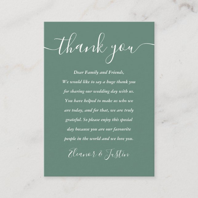 Eucalyptus Green Modern Script Wedding Thank You Place Card (Front)