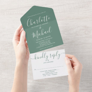 Eucalyptus Green Modern Signature Script Wedding All In One Invitation