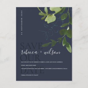 EUCALYPTUS GREEN NAVY WATERCOLOR SAVE THE DATE ANNOUNCEMENT POSTCARD