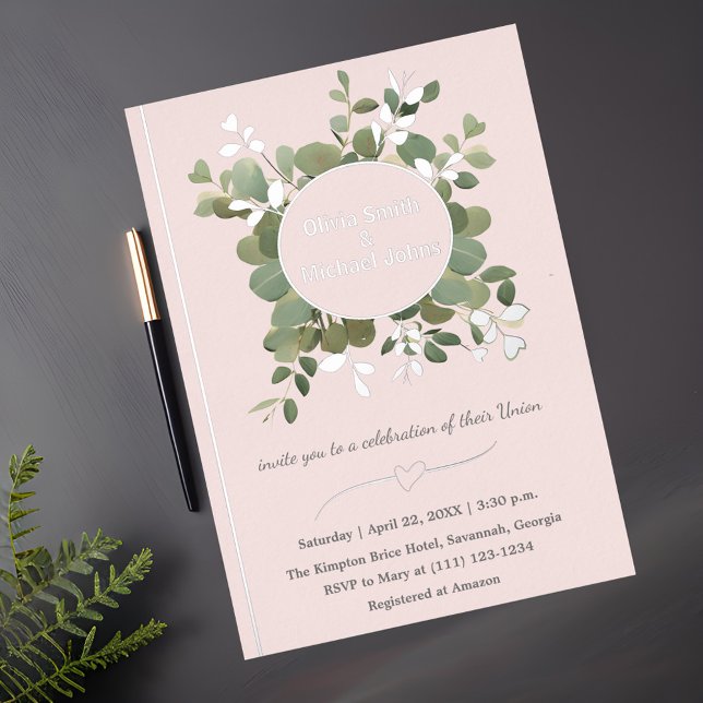 Eucalyptus Green Pink Silver QR code Invitations (Creator Uploaded)