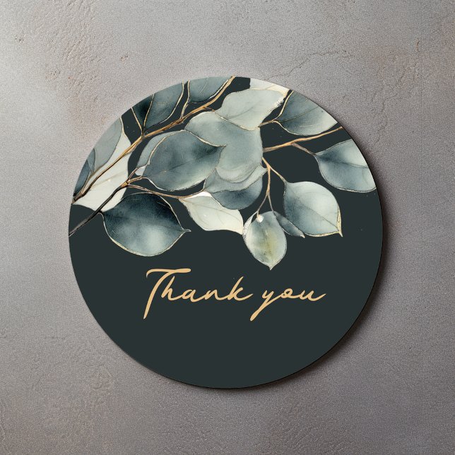 Eucalyptus green pretty thank you sticker (Dark green Eucalyptus pretty thank you round sticker with gold script that says "Thank you")