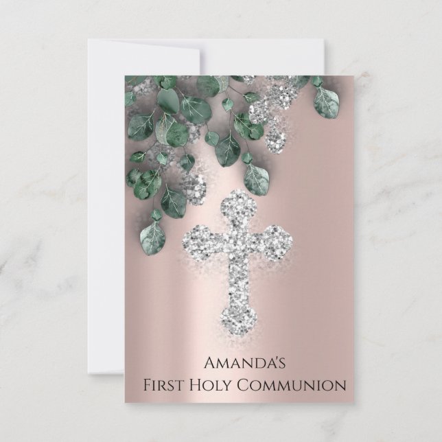 Eucalyptus Green Silver First Holy Communion Invitation (Back)