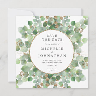Eucalyptus Green Watercolor & Gold Wedding Save The Date