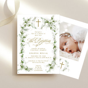 Eucalyptus Green White Frame Cross Baptism Photo Invitation