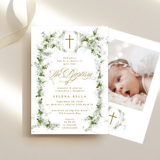 Eucalyptus Green White Frame Cross Baptism Photo Invitation