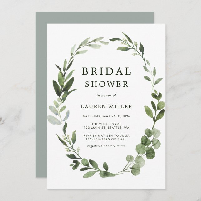 Eucalyptus Green Wreath Bridal Shower Invitation (Front/Back)