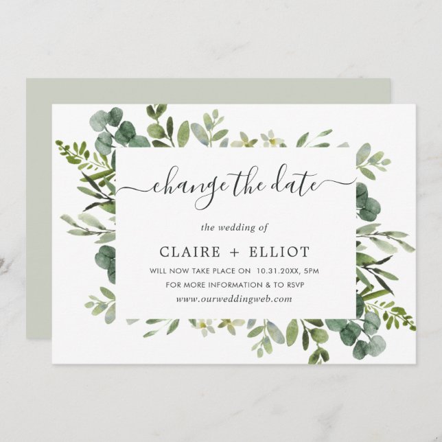 Eucalyptus Green Wreath Change the Date Wedding Invitation (Front/Back)