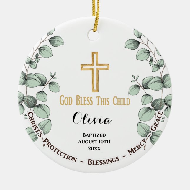 Eucalyptus Greenary Christening Baptism Ceramic Ornament (Front)