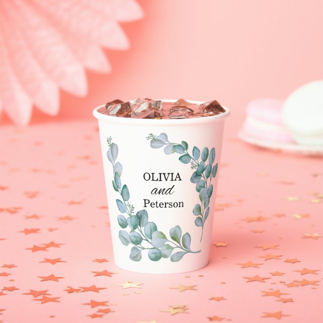 Eucalyptus greenary wedding paper cop paper cups (Insitu)