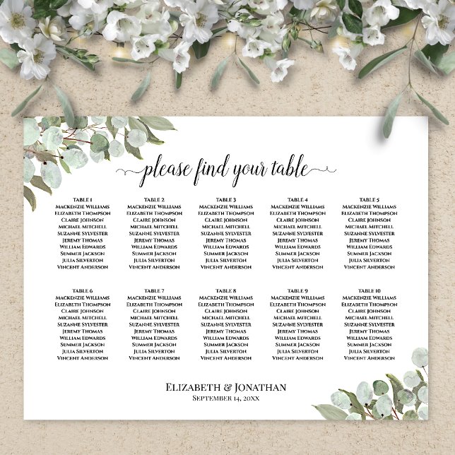 Eucalyptus Greenery 10 Table Wedding Seating Chart (In Situ on Wall with Flowers)