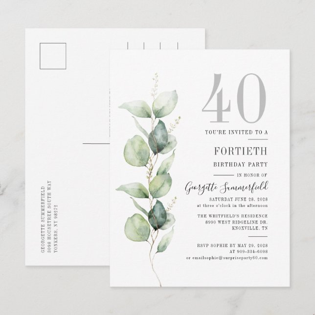 Eucalyptus Greenery 40th Birthday Botanical Party Invitation Postcard (Front/Back)
